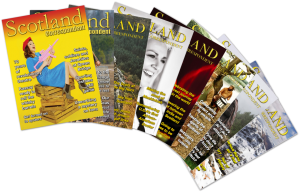 The front covers of the first 8 issues of Scotland Correspondent magazine fanned out